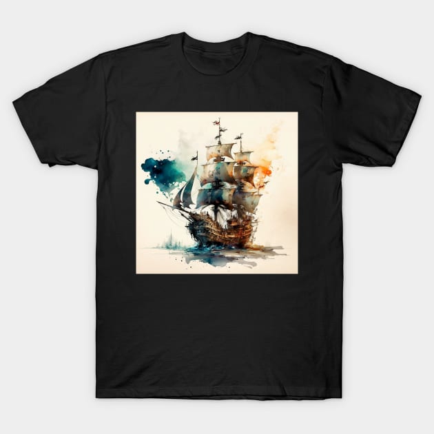 Pirate Ship watercolour T-Shirt by Buff Geeks Art